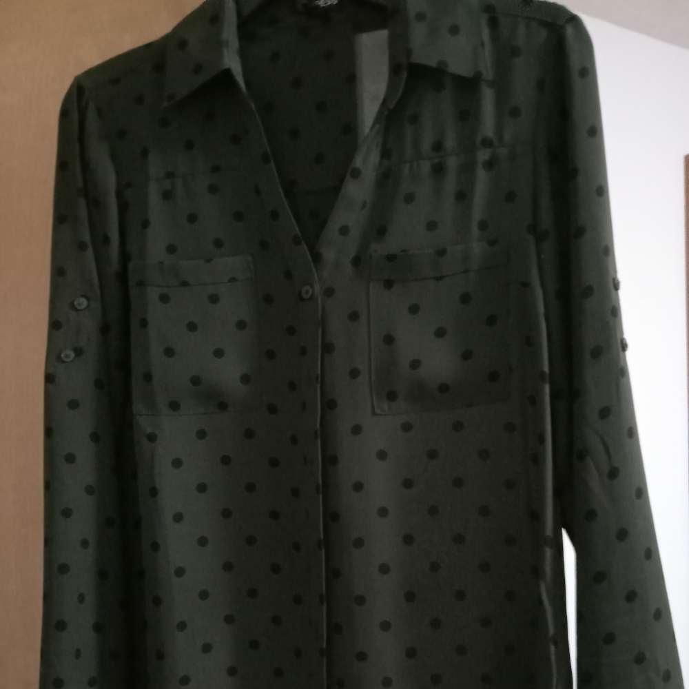 Express army green/black polka dot blouse